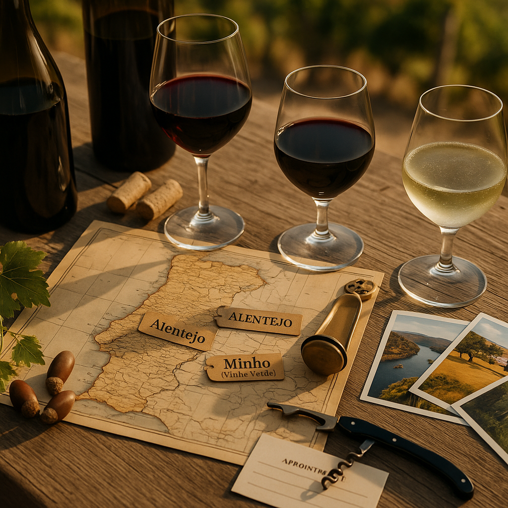 Editorial travel photo: angled top-down view of a rustic table on a vineyard terrace